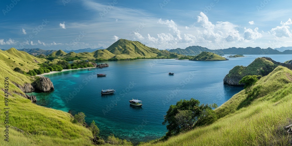 Obraz premium Green hills surround a calm blue bay with boats.