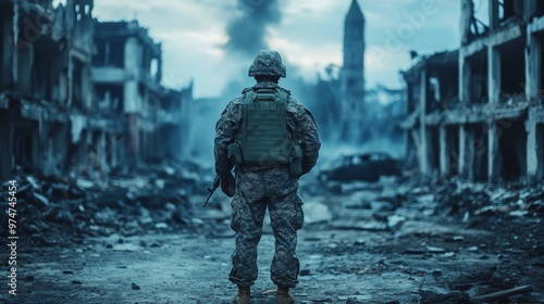 Resilient soldier navigating the ruins of a war torn city amidst chaos and destruction