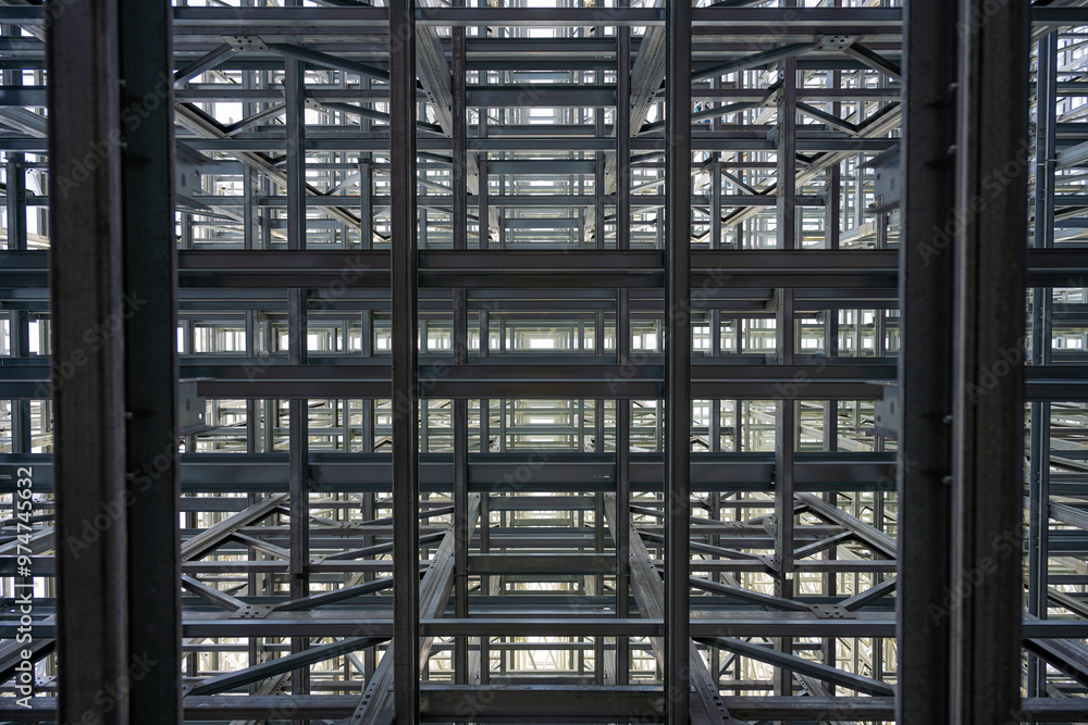 ASRS clad rack structural framework close up photograph frog perspective symmetry ASRS clad rack structural framework close up photograph frog perspective symmetry