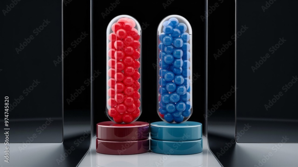 Φωτογραφία Two medical pills, red and blue drug gel capsules isolated on black background