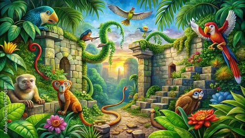 Vibrant, whimsical illustration of a lush jungle scene featuring monkeys, parrots, and snakes amidst exotic foliage, vines, and ancient ruins, evoking a sense of adventure.