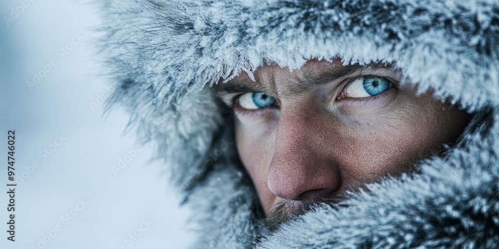 Man with icy fur hood and blue eyes. Man with icy fur hood and blue eyes.
