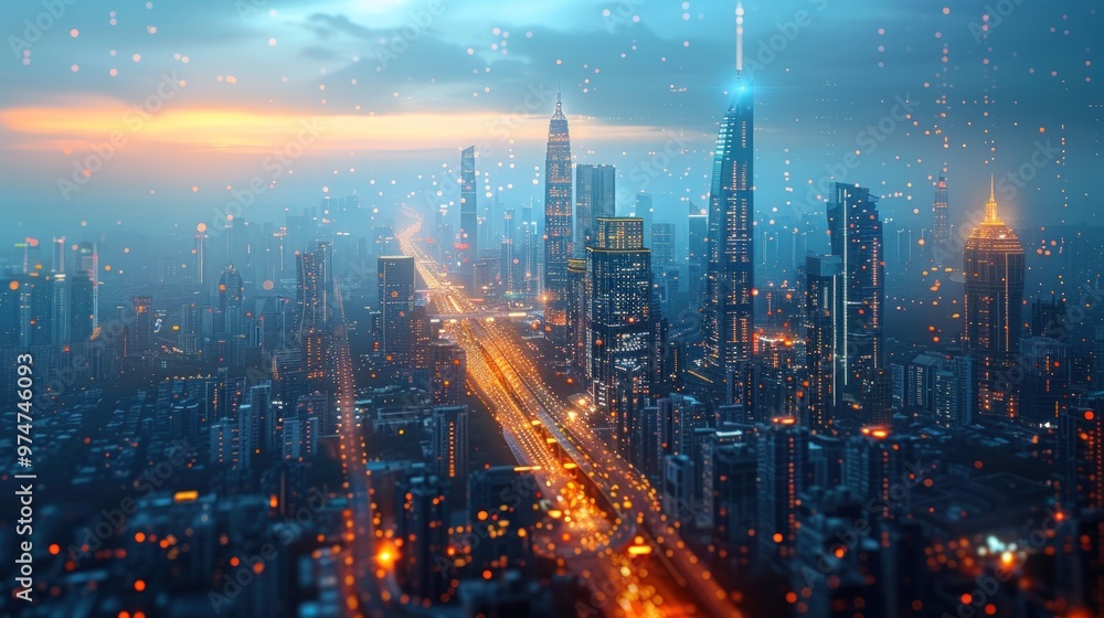 Futuristic city skyline with glowing lights and digital particles at sunset. Futuristic city skyline with glowing lights and digital particles at sunset.