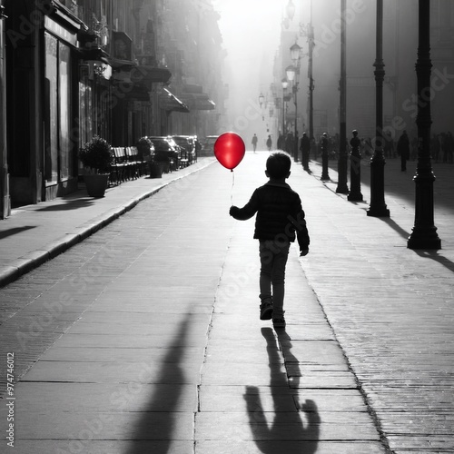 Alone child walking down city street with red balloon. Loneliness photo