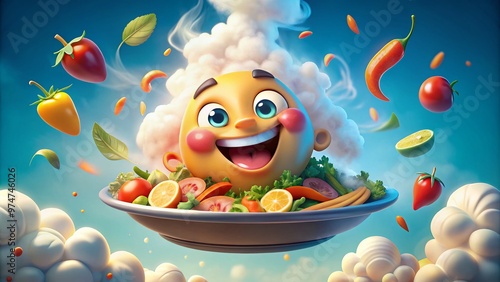 Vibrant, whimsical illustration of a smiling cartoon character effortlessly floating towards a savory cloud of mouthwatering aromas wafting from a steaming plate of tasty cuisine.