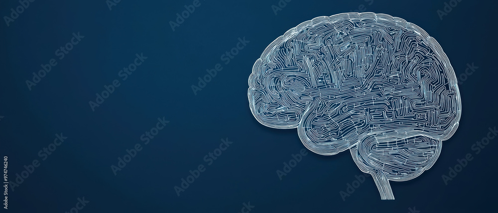 Human brain made of swirling digital lines and business icons, representing creative business ideas, idea brain, complex business thinking Human brain made of swirling digital lines and business icons, representing creative business ideas, idea brain, complex business thinking