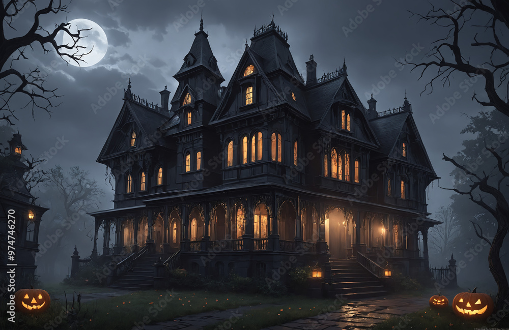 3d render of halloween theme haunted house at night with big moon 3d render of halloween theme haunted house at night with big moon