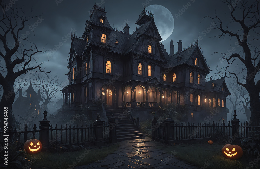 3d render of halloween theme haunted house at night with big moon 3d render of halloween theme haunted house at night with big moon