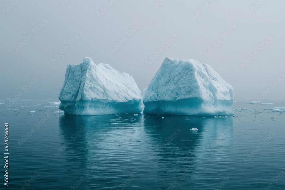 Two Large Icebergs Floating in a Calm Sea on a Foggy Day Two Large Icebergs Floating in a Calm Sea on a Foggy Day