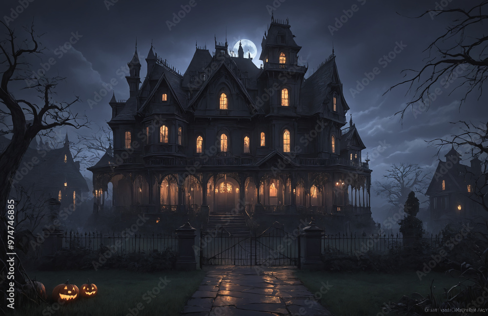 3d render of halloween theme haunted house at night with big moon 3d render of halloween theme haunted house at night with big moon