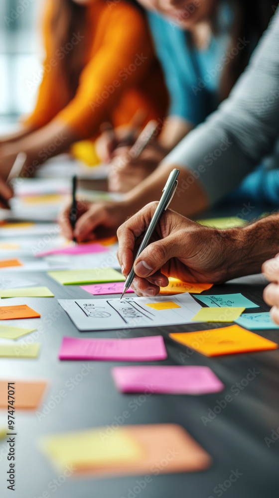 Group of people brainstorming around a table covered with sticky notes and sketches, collaboration, creative business solutions
