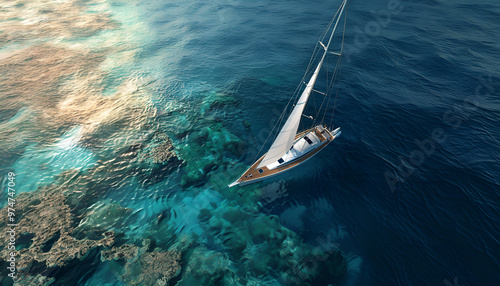 Yacht on the water surface from top view. Turquoise water background from top view. Summer seascape from air. Travel concept and idea