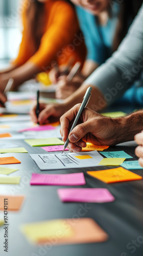 Obraz na płótnie Group of people brainstorming around a table covered with sticky notes and sketches, collaboration, creative business solutions w salonie