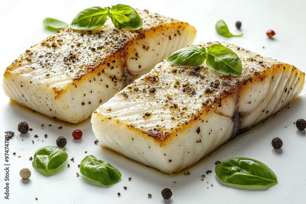 Two pieces of grilled fish fillets with herbs and peppercorns on white background. Two pieces of grilled fish fillets with herbs and peppercorns on white background.