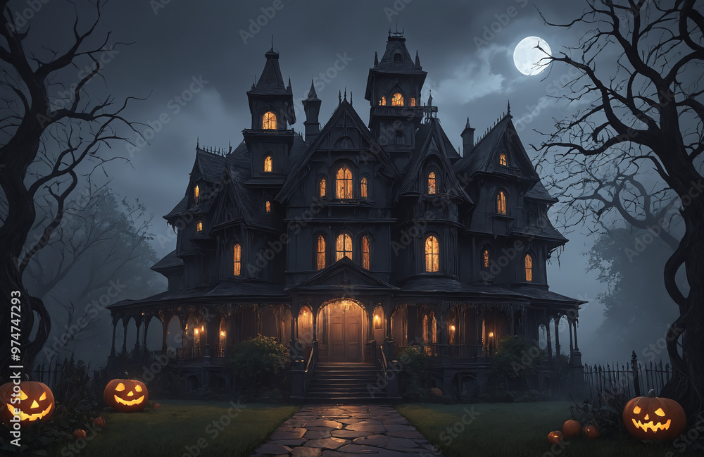 3d render of halloween theme haunted house at night with big moon 3d render of halloween theme haunted house at night with big moon