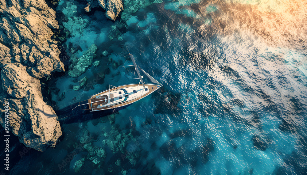 Yacht on the water surface from top view. Turquoise water background from top view. Summer seascape from air. Travel concept and idea Yacht on the water surface from top view. Turquoise water background from top view. Summer seascape from air. Travel concept and idea