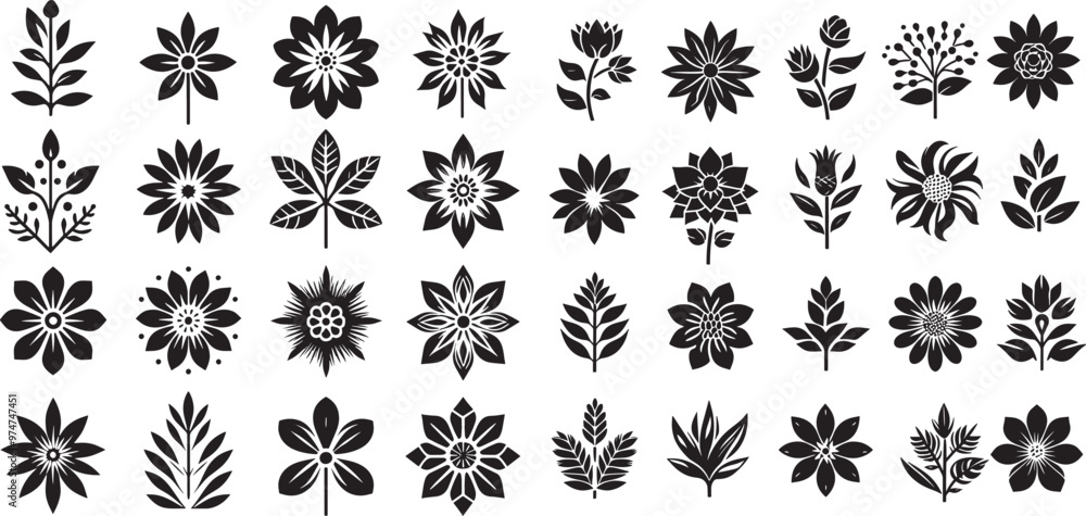 Abstract Floral Icons ,set of black and white flowers, Groovy daisy flowers set Abstract Floral Icons ,set of black and white flowers, Groovy daisy flowers set