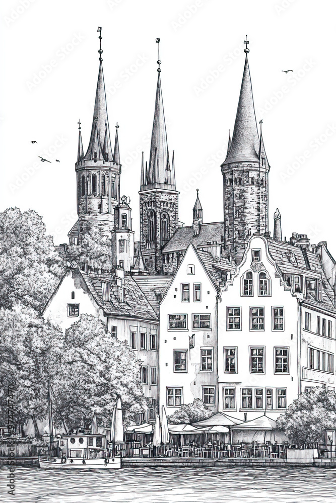 Fototapeta premium Lbeck, Germany, black and white pen pencil hand-drawn effect portrait drawing illustration for travel poster, card, wallpaper, backdrop or banner. Modern, clear, artistic and simple