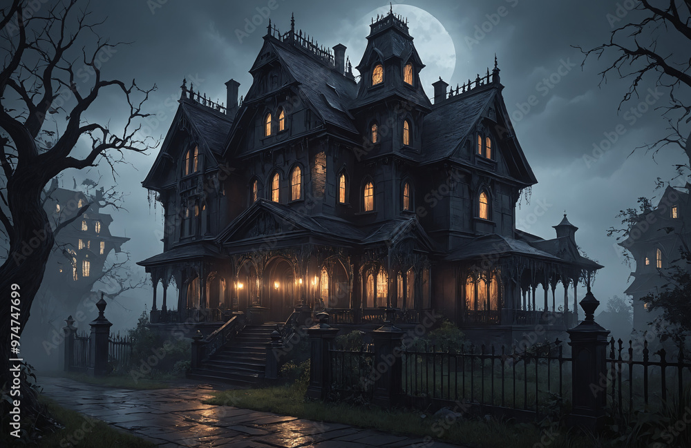 Obraz premium 3d render of halloween theme haunted house at night with big moon