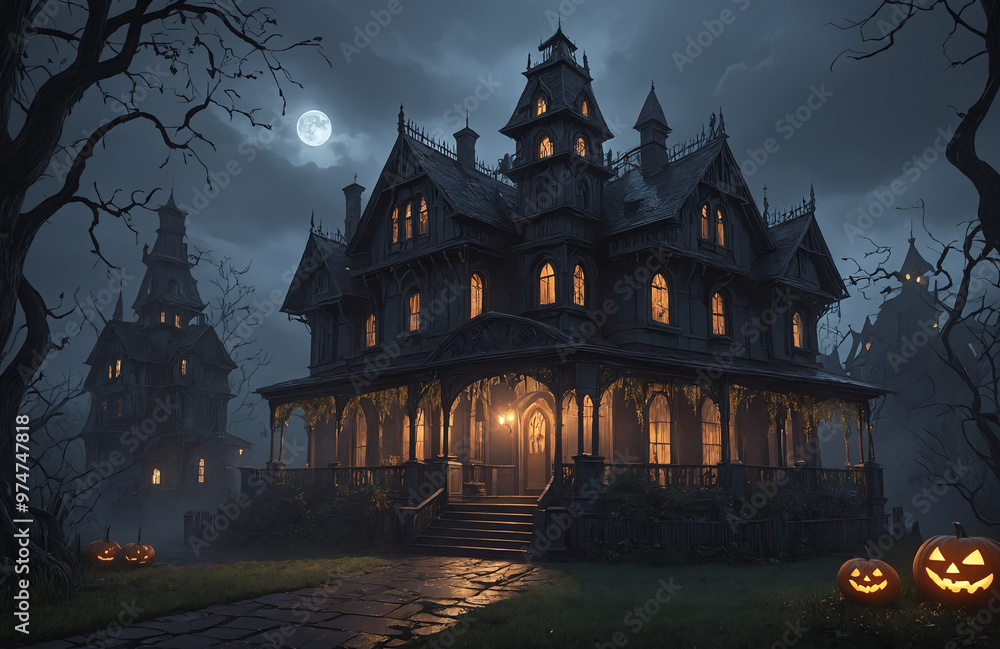 3d render of halloween theme haunted house at night with big moon 3d render of halloween theme haunted house at night with big moon