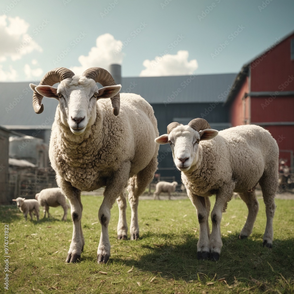 Fototapeta premium Countryside view with sheeps. Rural nature animals farm.