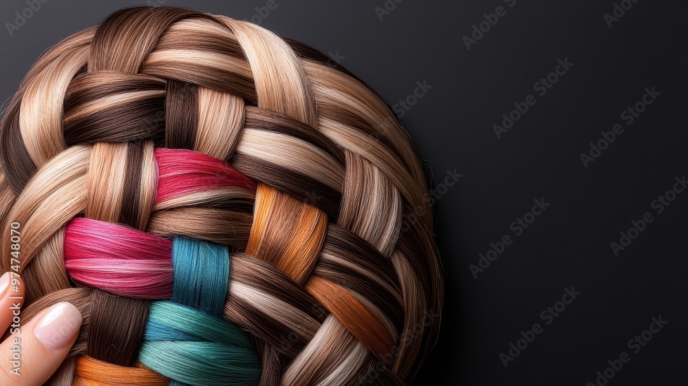 A close-up view of a beautifully braided hairstyle featuring vibrant colors, showcasing intricate details and creative styling. A close-up view of a beautifully braided hairstyle featuring vibrant colors, showcasing intricate details and creative styling.