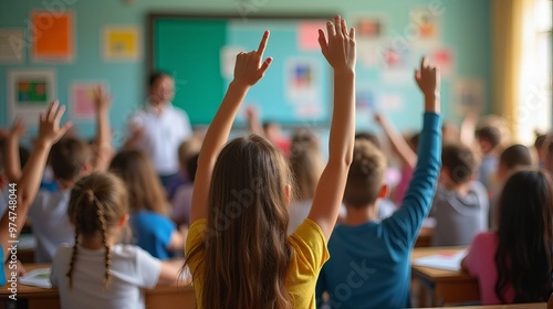 Classroom Filled With Engaged Students Seated at Desks Raising Their Hands Eagerly Dynamic Atmosphere of The Class