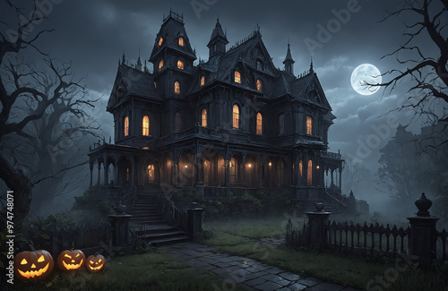 3d render of halloween theme haunted house at night with big moon