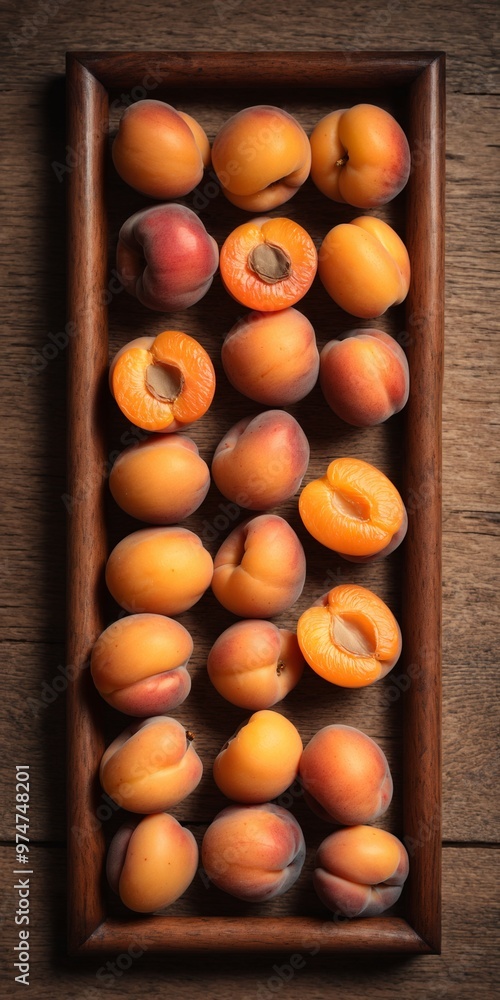 Apricot fruits on wooden rustic table. Top view flat lay Apricot fruits on wooden rustic table. Top view flat lay