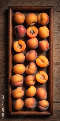 Apricot fruits on wooden rustic table. Top view flat lay