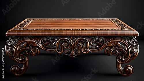 luxurious wooden table with a richly carved border, featuring swirling patterns and elegant details