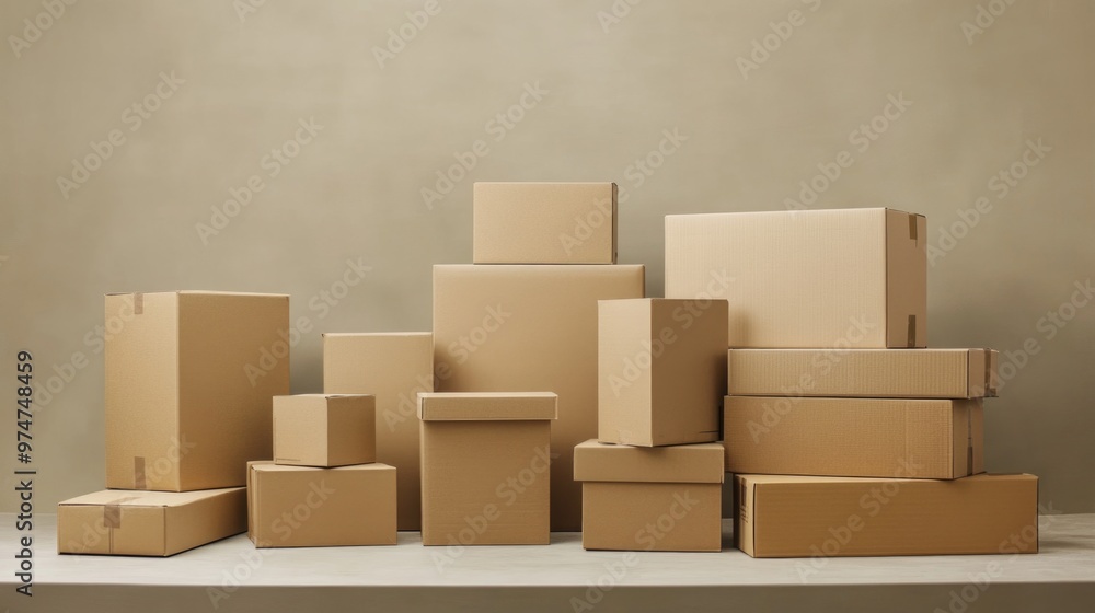 Boxes – Stacked Cardboard Boxes in Various Sizes on a Neutral Background Boxes – Stacked Cardboard Boxes in Various Sizes on a Neutral Background