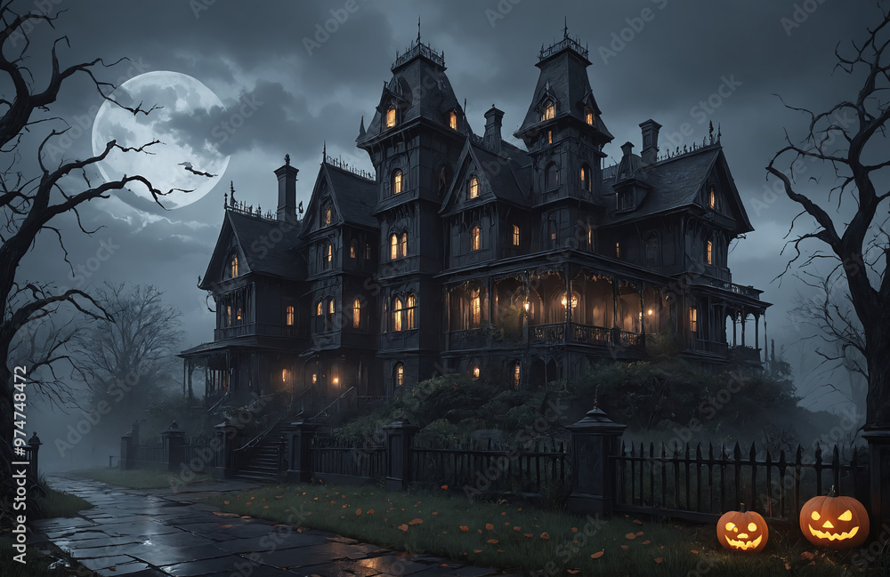 3d render of halloween theme haunted house at night with big moon 3d render of halloween theme haunted house at night with big moon
