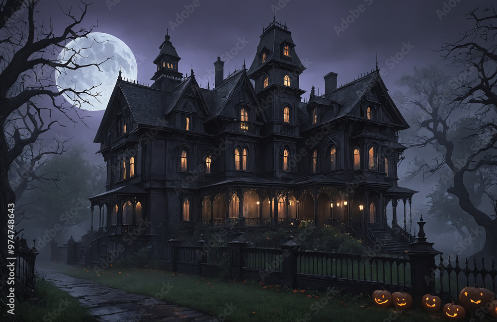 3d render of halloween theme haunted house at night with big moon 3d render of halloween theme haunted house at night with big moon