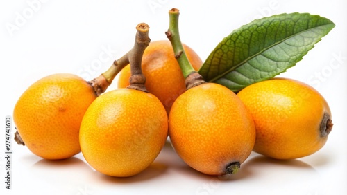 Vibrant yellow-orange bacuri fruit with intricate brown stem and glossy skin, freshly picked from the tropical rainforest tree, sits isolated on a white background. photo