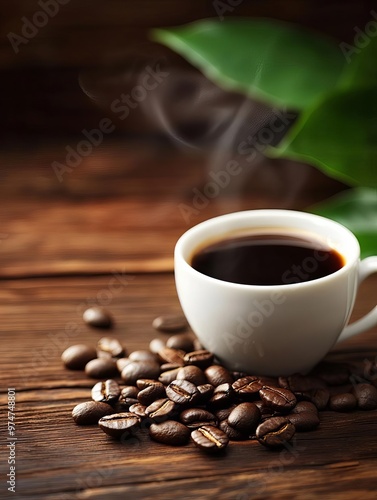 A steaming cup of coffee beside scattered coffee beans on a wooden surface, creating a cozy and inviting atmosphere.