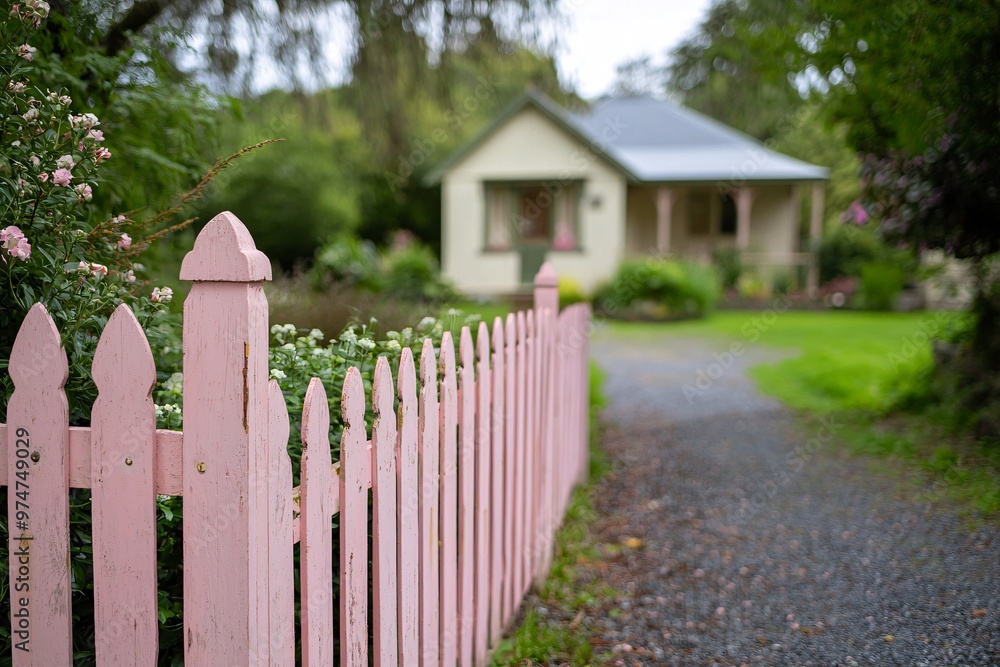 Pink Picket Fence with Blurred House Background. Pink Picket Fence with Blurred House Background.