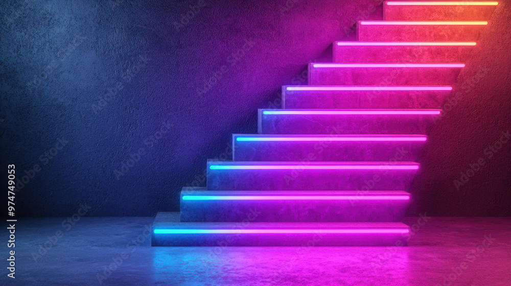 Abstract staircase made of bright neon lines leading upward, representing creative business success, climbing to success, innovation in business Abstract staircase made of bright neon lines leading upward, representing creative business success, climbing to success, innovation in business