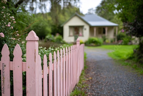 Pink Picket Fence with Blurred House Background.