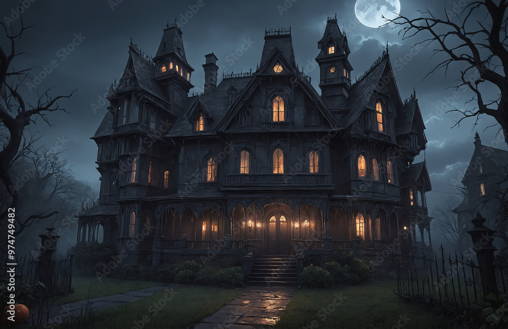 3d render of halloween theme haunted house at night with big moon 3d render of halloween theme haunted house at night with big moon