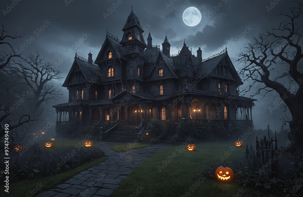 3d render of halloween theme haunted house at night with big moon 3d render of halloween theme haunted house at night with big moon