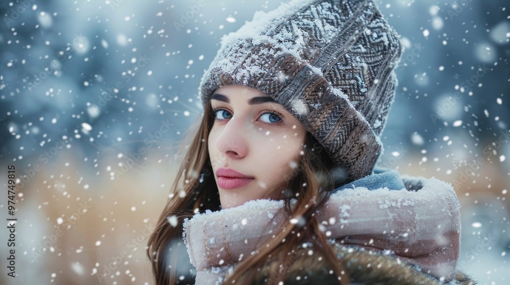 A woman wearing a hat and scarf is standing in the snow A woman wearing a hat and scarf is standing in the snow