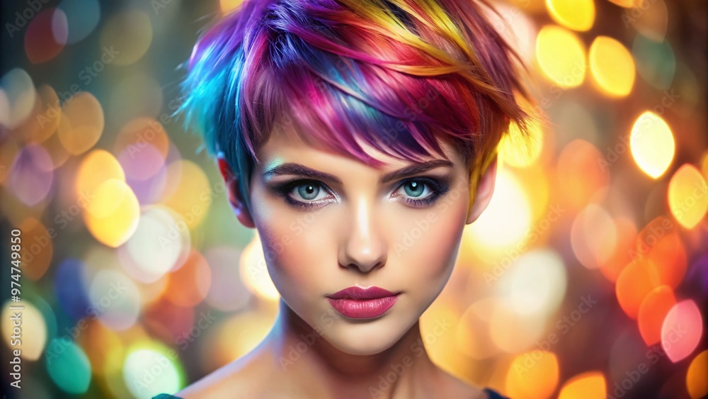 Vibrant young woman with bold, choppy, and layered pixie haircut, accentuating her bright facial features and sparkling eyes, against a soft blurred background. Vibrant young woman with bold, choppy, and layered pixie haircut, accentuating her bright facial features and sparkling eyes, against a soft blurred background.