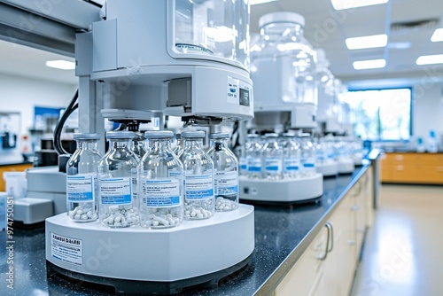 Pharmaceutical Lab Equipment with Glass Bottles.