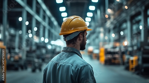 Blurred background Factory worker is indoors with hard hat : Generative AI