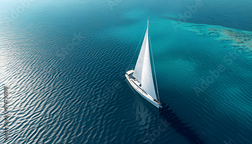 Yacht on the water surface from top view. Turquoise water background from top view. Summer seascape from air. Travel concept and idea