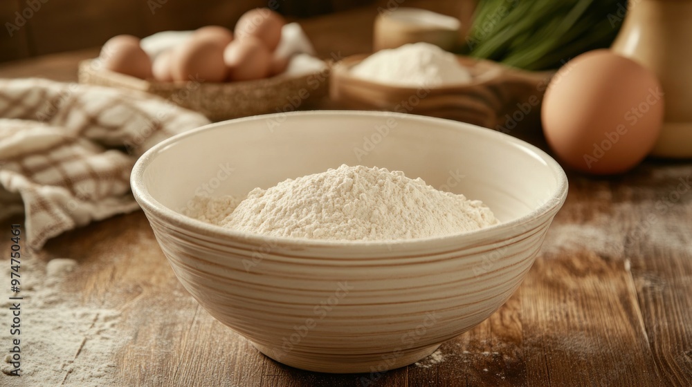 A bowl of flour surrounded by eggs and additional flour, ready for baking. A bowl of flour surrounded by eggs and additional flour, ready for baking.