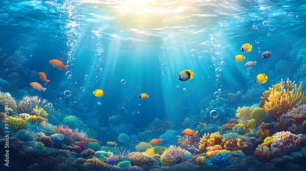 Obraz premium Underwater scene with colorful coral reef, fish, bubbles, and sunbeams.