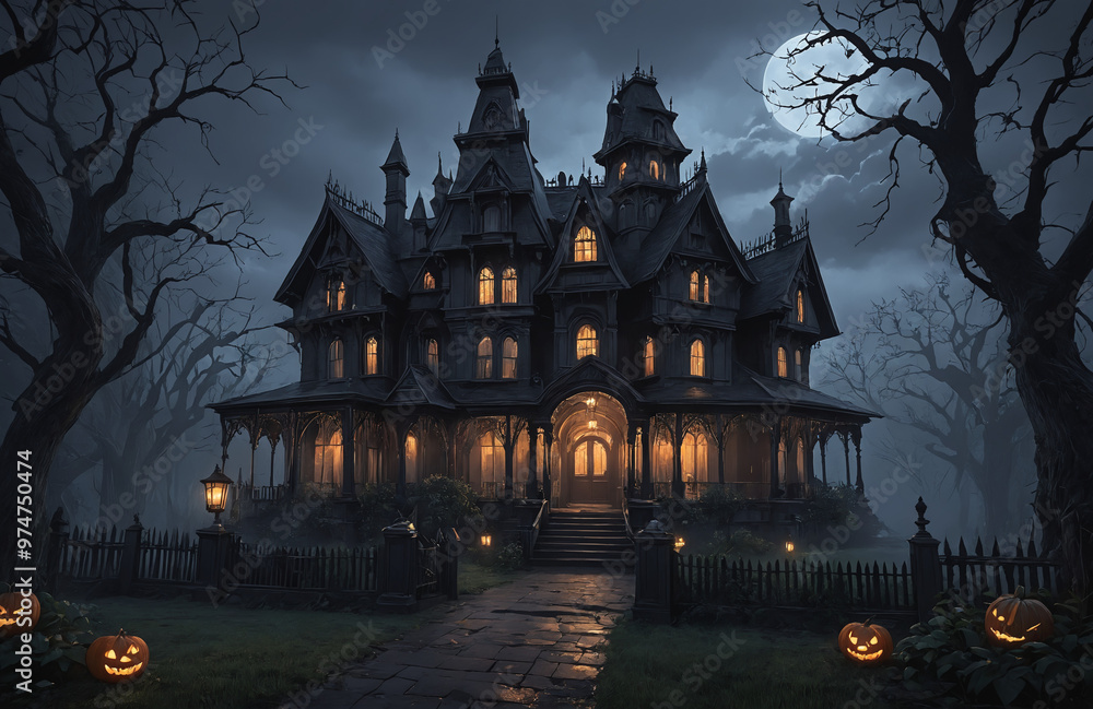 3d render of halloween theme haunted house at night with big moon 3d render of halloween theme haunted house at night with big moon