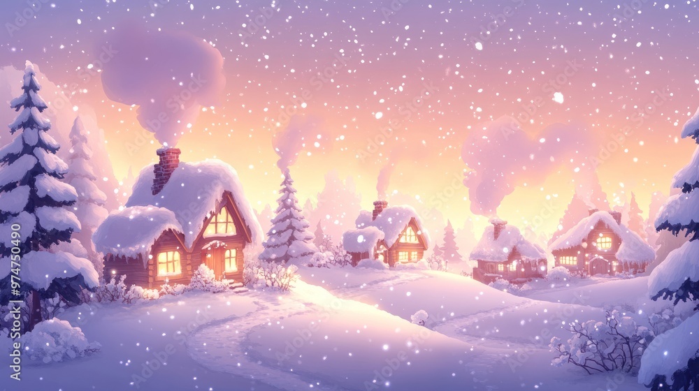 Snowy Village at Sunset with Smoke from Chimneys Snowy Village at Sunset with Smoke from Chimneys